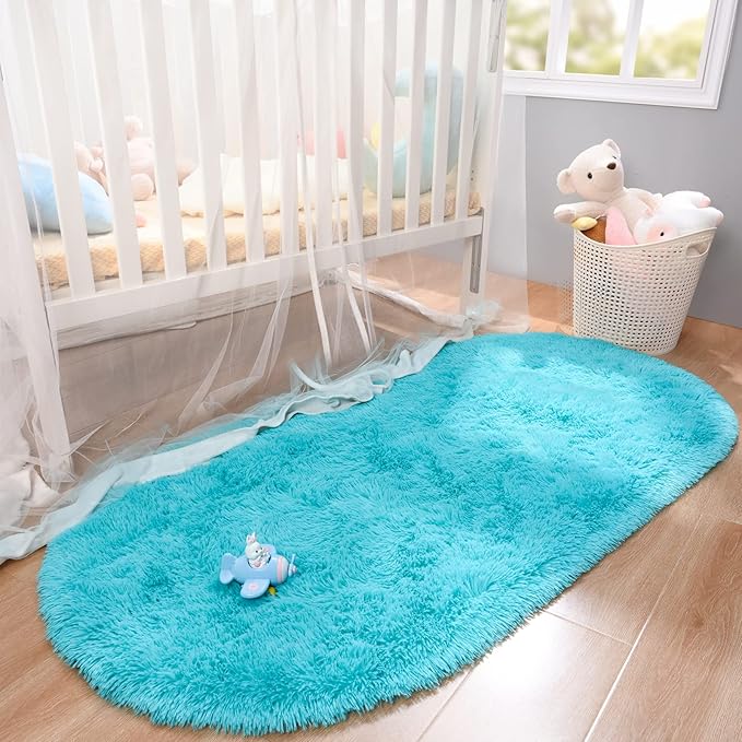 Merelax Soft Shaggy Rug for Kids Bedroom, Oval 2.6'x5.3' Teal Plush Fluffy Carpets for Living Room, Furry Carpet for Teen Girls Room, Anti-skid Fuzzy Comfy Rug for Nursery Decor Cute Baby Play Mat - LeafyLoom