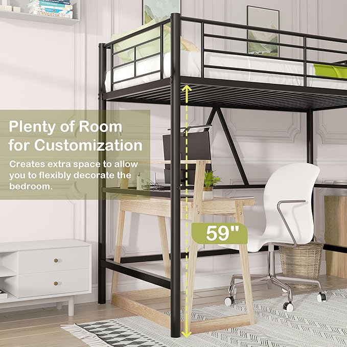 VECELO Metal Loft Bed Twin Size, Heavy Duty Bedframe with Removable Ladder and Safety Guardrail, Space-Saving, Noise Free, No Box Spring Needed, Black - LeafyLoom