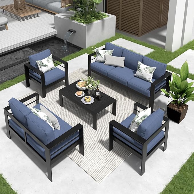 Solaste Aluminum Patio Furniture Set,5 Pieces Modern Outdoor Conversation Set Sectional Sofa with Upgrade Cushion and Coffee Table,Black Frame and Blue Cushion - LeafyLoom