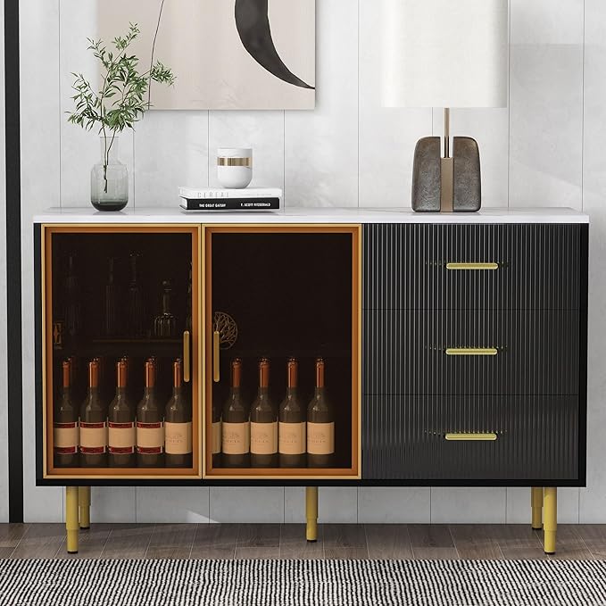 Modern Sideboard MDF with Marble Sticker Tabletop and Amber-Yellow Tempered Glass Doors,Freestanding Buffet Storage Cabinet,W/Gold Metal Legs & Handles,for Dining Room,Kitchen,Black, 60" - LeafyLoom