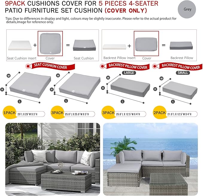 ClawsCover 9Pack Outdoor Seat and Back Cushions Replacement Covers Fit for 5 Pieces 4-Seater Wicker Rattan Patio Conversation Set Sectional Couch Furniture,Gray-Include Covers Only (Large) - LeafyLoom