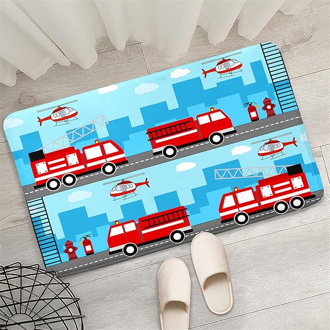 Car Rug Play Mat Car Rug Play Mat Car Rug for Boys Room Fire Fighting Truck Red Car Printed Rug Play Rug for Cars and Trucks Play Rugs for Kids Rooms,Light Blue 2'×3' - LeafyLoom