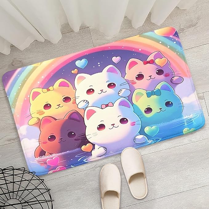 Rainbow Cat Rug for Girls - Colorful Cat Rug for Kids Bedroom Cute Cartoon Cat Pattern Rug Lovely Cat Rugs Room Decor Anime Cat Area Rug, 2x3 Feet - LeafyLoom