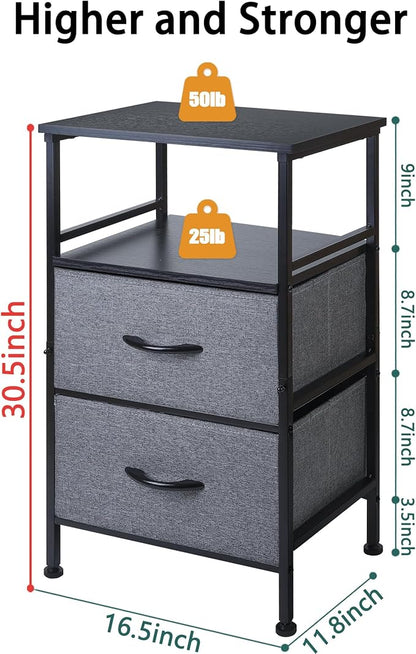 Nightstand with Fabric Drawers, Side Table with Open Wood Shelf for Bedroom, Small Dresser with Storage Drawers, End Table for Living Room, mesa de Noche para dormitorio, Gray - LeafyLoom