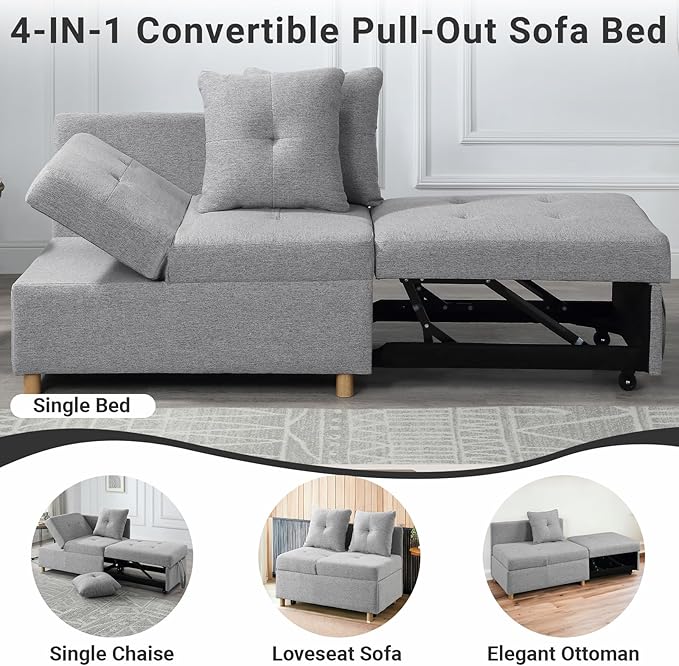 4-in-1 Convertible Sleeper Sofa, Single Pull Out Couch Chair with 6-Level Adjust Backrest Loveseat with Storage and Pillows, Modern Recliner for Living Room Apartment Office, Light Grey - LeafyLoom