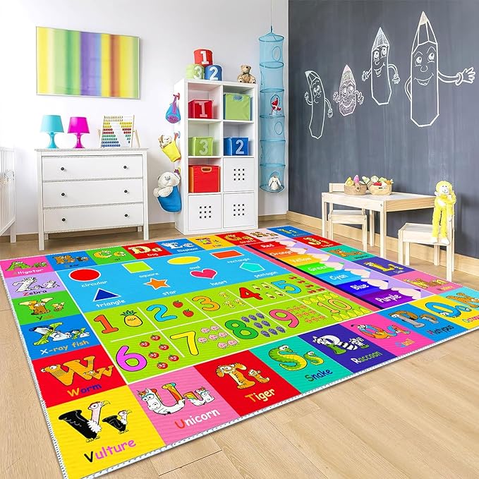 Kids Alphabet Play Game Rug - -4'x6' ABC Numbers and Shapes Educational Learning Toddler Carpet - Kids Room Playroom Classroom Kindergarten Activity Fun Soft Non-Slip Mat - LeafyLoom