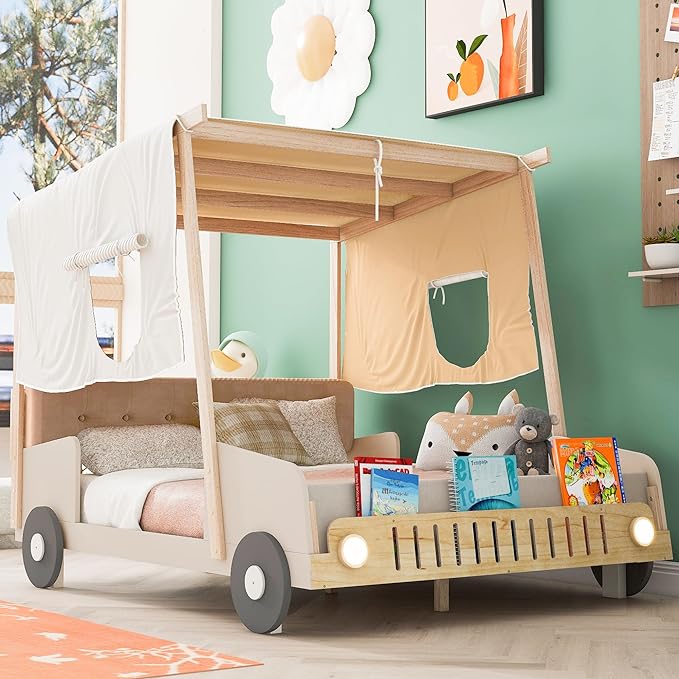 Twin Size Car Bed with Ceiling Cloth,Wood Car-Shaped Bed Frame with Pillow and LED Light for Kids Girls Boys, No Box Spring Needed, Natural - LeafyLoom