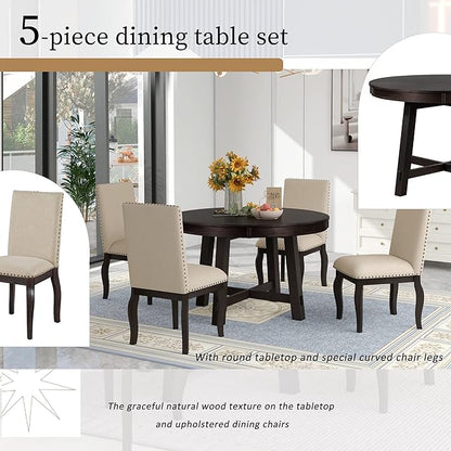 5-Piece Farmhouse Set with Wood Round Extendable Dining-Table and 4 Upholstered Chairs, for Diningroom, Living Room, and Kitchen, Espresso - LeafyLoom