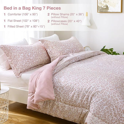 Printed King Bedding Sets with Comforter and Sheets, 7 Piece Bed in A Bag Comforter Set with Fluffy Microfiber, Stylish Pink Leopard Pattern - LeafyLoom