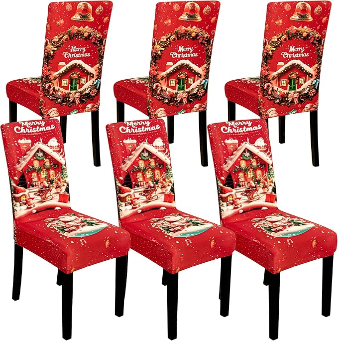 6PCS Christmas Dining Chair Covers Stretch Removable Washable Dining Room Chair Protector Slipcovers Santa Claus House Wreaths Kitchen Chair Cover Slipcover Protector for Xmas Holiday Party Home Décor CZL