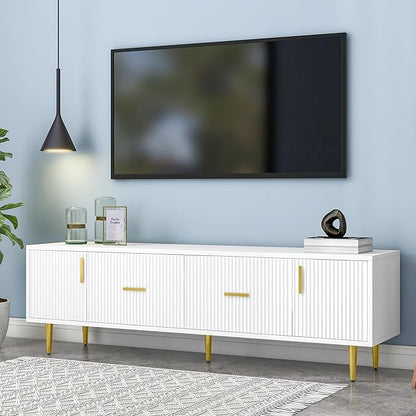 67 Inch TV Stand, Modern Television Stands with 2 Drawers and 2 Cabinets, Stylish Entertainment Center with 5 Champagne Legs for Living Room and Bedroom, White - LeafyLoom