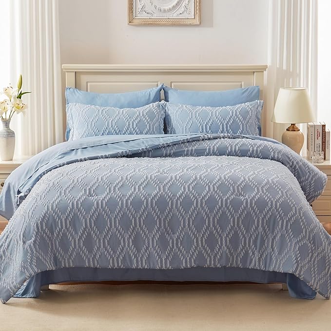 EMME Twin Comforter Set - 5 Pcs Blue Boho Bedding Sets, Twin Size Tufted Comforter with Sheets, Shabby Chic Embroidery Bed Set Fluffy Bed Bag for All Season(68"X90") - LeafyLoom