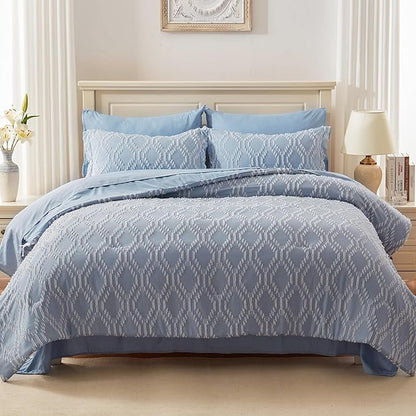 EMME Twin Comforter Set - 5 Pcs Blue Boho Bedding Sets, Twin Size Tufted Comforter with Sheets, Shabby Chic Embroidery Bed Set Fluffy Bed Bag for All Season(68"X90") - LeafyLoom