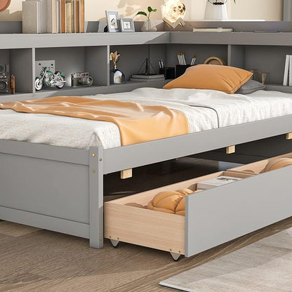 Twin Size Platform 2 Storage Drawers and L-Shaped Bookcases, Wooden Captain Bed Daybed Frame with Headboard for Bedroom, Living Room, Gray - LeafyLoom