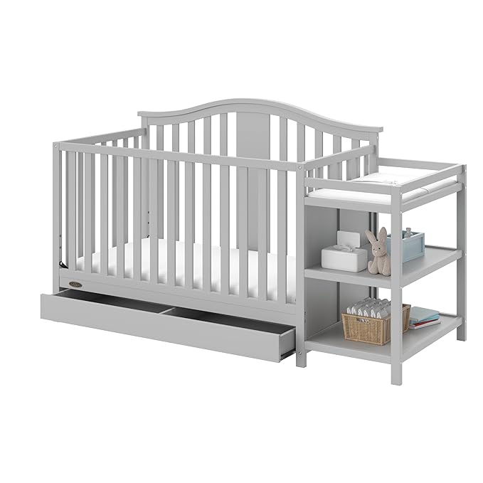 Graco Solano 4-in-1 Convertible Crib and Changer with Drawer (Pebble Gray) – Crib and Changing Table Combo with Drawer, Includes Changing Pad, Converts to Toddler Bed, Daybed and Full-Size Bed - LeafyLoom