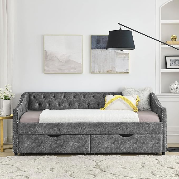 RITSU Modern Twin Size Daybed with Drawers Upholstered Sofa Bed, Tufted Buttons On Back, Wooden Frame， Copper Nail On Waved Shape Arms, for Bedroom, Living Room, Grey, 81.50 - LeafyLoom