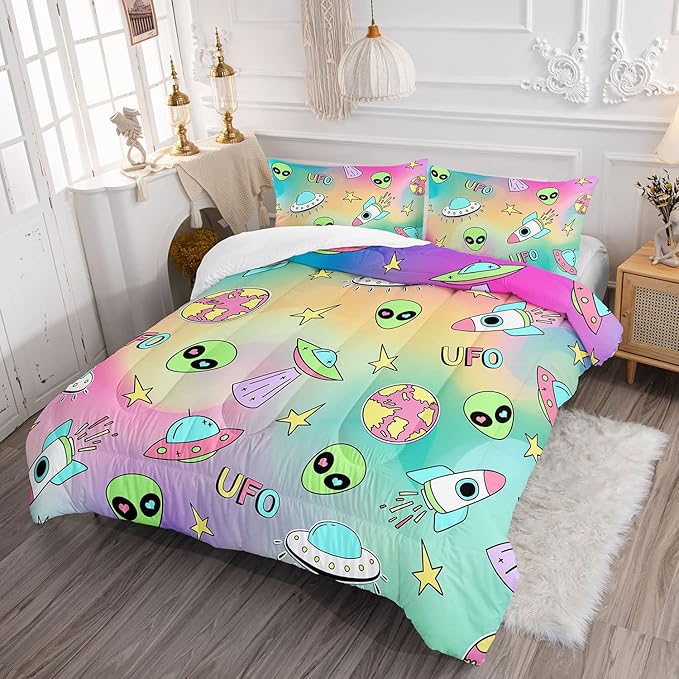 Datura home Space Alien Children Bedding Comforter Set for Girls Kids,Colorful Cartoon Outer Space Planet UFO Lovely Alien Theme Bedding Set with 1 Comforter and 2 Pillowcases(Alien3 Queen) - LeafyLoom