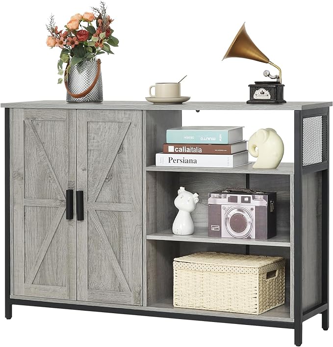 WEENFON Floor Storage Cabinet, Buffet Storage Cabinet with 2 Barn Doors, Industrial Sideboard with Adjustable Shelves, Buffet Table for Dining Room, Living Room, Kitchen, Grey - LeafyLoom