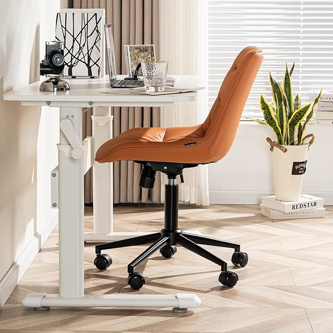 Kidol & Shellder Armless Office Chair Desk Chair Comfy Makeup Vanity Chair with Back Ergonomic Swivel Chair Home Office Desk Chairs with Wheels Computer Chair Bedroom Accent Chair(Matte Orange) - LeafyLoom