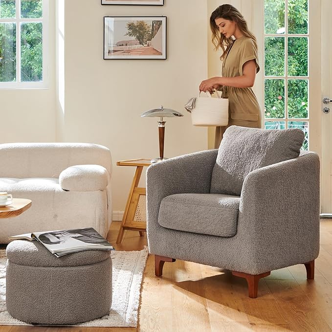 COLAMY Sherpa Accent Chairs with Storage Ottoman Set of 2, Upholstered Barrel Arm Chair with Footrest, Modern Living Room Chair with Back Pillow, Grey - LeafyLoom