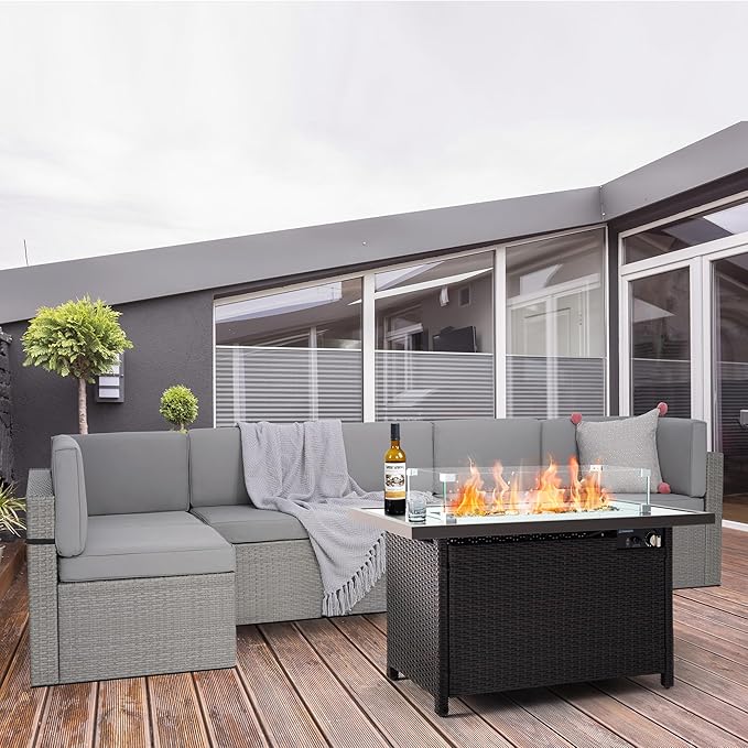 Pamapic 8 Pieces Patio Conversation Sets with fire Pit, Patio Furniture Sectional Sofa with Gas Fire Pit Table(Grey Wicker,Grey Cushions) - LeafyLoom