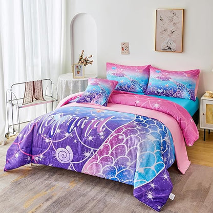 URBONUR Full Size Comforter Set for Girls Purple Blue Mermaid Tail Fish Scales Girls Bedding Set 6 Pcs Bed Sets with Comforter and Sheet Set, Soft All Season Bed in a Bag - LeafyLoom