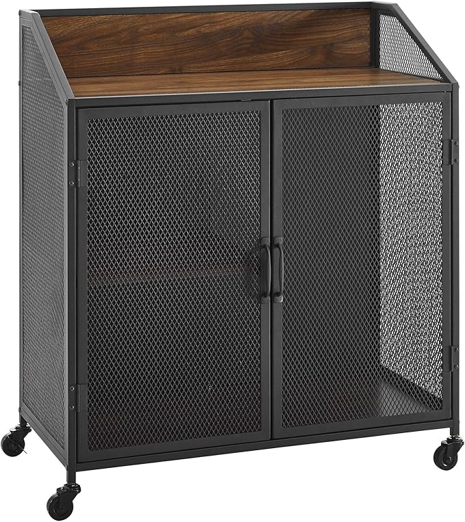 Walker Edison Malcomb Urban Industrial Metal Mesh Double Door Rolling Bar Cabinet, 33 Inch, Dark Walnut - LeafyLoom