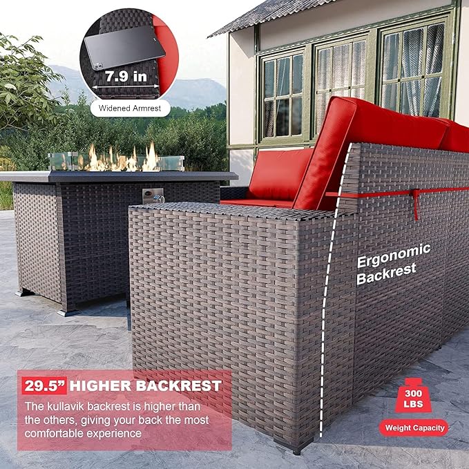 Kullavik 10PCS Outdoor Patio Furniture Set,PE Wicker Rattan Sectional Sofa Patio Conversation Sets with 43" 55000BTU Gas Propane Fire Pit Table,Swivel Rocking Chairs Set,Red - LeafyLoom