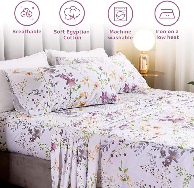 QSH Wild Floral Printed Bed Sheets Egyptian Cotton Yellow Flower Botanical Pattern King Size Sheets Extra Deep Pocket 17.5" - LeafyLoom