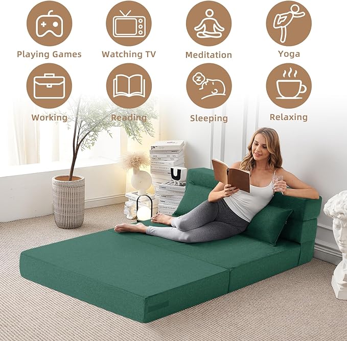 Convertible Folding Sofa Bed-Sleeper Chair with Pillow, Modern Linen Fabric Floor & Futon Couch, Foldable Mattress for Living Room/Dorm/Guest Use/Home Office/Apartment, Queen Size,Dark Green - LeafyLoom