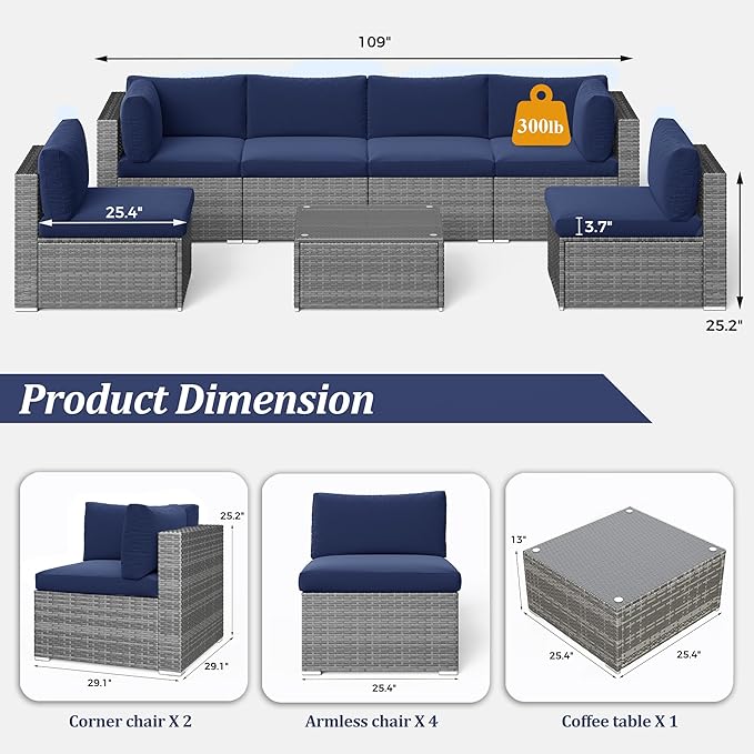 SUNVIVI OUTDOOR 7 Piece Patio Furniture Sets All Weather Grey PE Wicker Couch Sofa with Glass Table, Removable Navy Blue Cushions - LeafyLoom