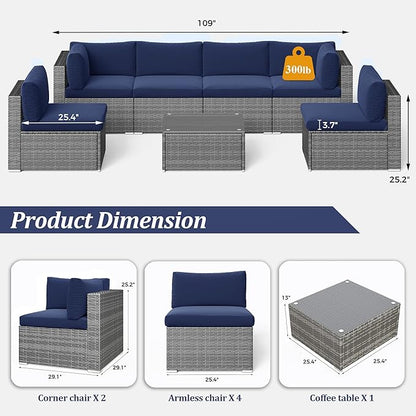 SUNVIVI OUTDOOR 7 Piece Patio Furniture Sets All Weather Grey PE Wicker Couch Sofa with Glass Table, Removable Navy Blue Cushions - LeafyLoom