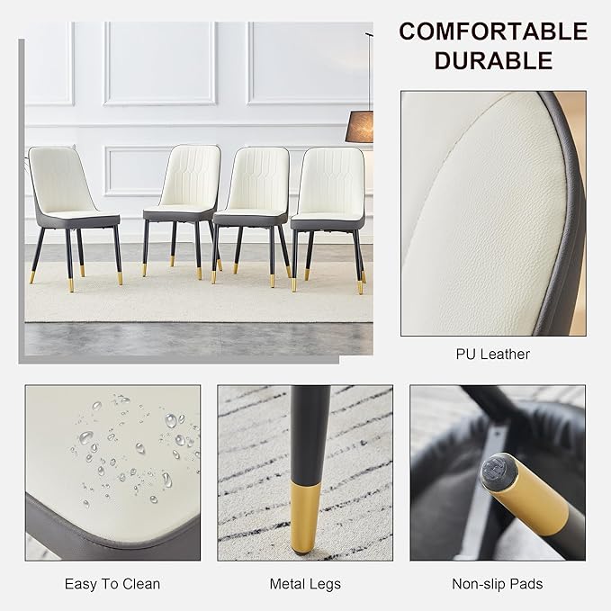 Modern Set of 4, Faux Leather Dining PU Upholstered Kitchen Chair with Black Golden Metal Legs for Home Living Room, Restaurant, 4 Piece, White+gray - LeafyLoom