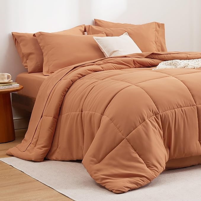 Bedsure Burnt Orange Full Size Comforter Set - 7 Pieces Solid Full Bed in a Bag, Full Bed Set Burnt Orange with Quilted Warm Fluffy Comforters, Sheets, Pillowcases & Shams - LeafyLoom