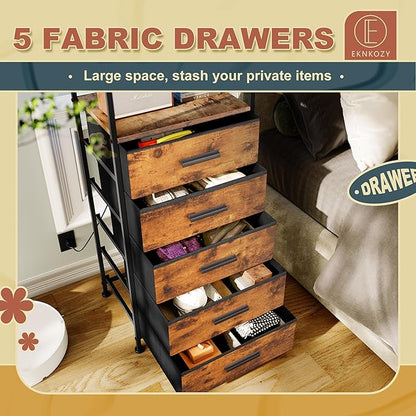 Nightstand 5 Drawer Dresser with LED Lights and Charging Station, Vertical Side Table with Fabric Drawers, End Table with Open Shelf, Tall Dresser for Bedroom, Hallway, Entryway, Rustic Brown - LeafyLoom