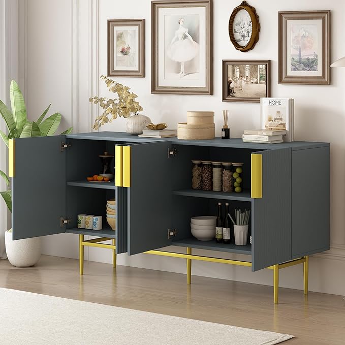 60" Modern 4-Door Elegant Sideboard with Gold Metal Handles and Legs,Storage Buffet Cabinet,W/Adjustable Shelves & Open Countertop,Console Table for Dining Living Room Hallway,Gray - LeafyLoom