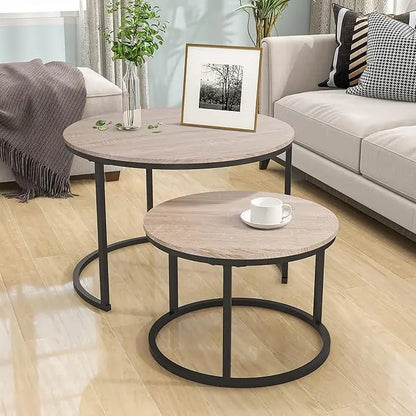 Industrial Round Coffee Table Set of 2 End Table for Living Room,Stacking Side Tables, Sturdy and Easy Assembly,Wood Look Accent Furniture with Metal Frame,Black+Teak Oak - LeafyLoom