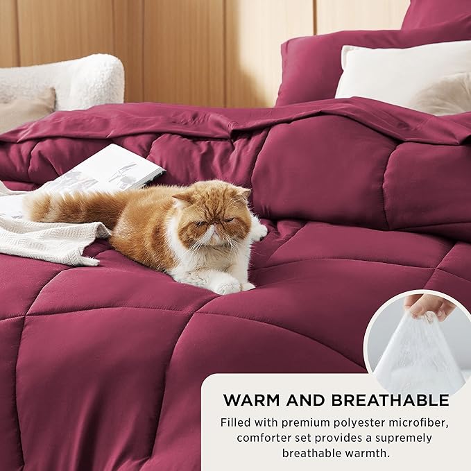 Bedsure Burgundy Full Size Comforter Set - 7 Pieces Solid Full Bed in a Bag, Full Bed Set Burgundy with Comforters, Sheets, Pillowcases & Shams - LeafyLoom