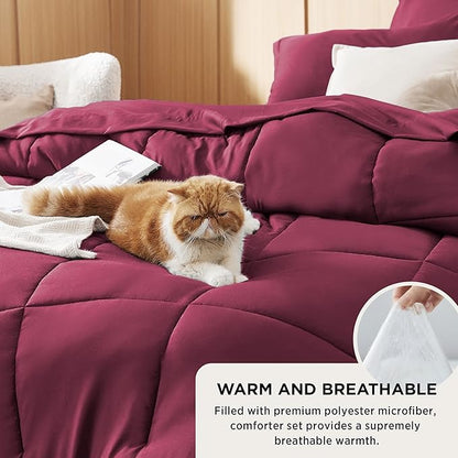 Bedsure Burgundy Full Size Comforter Set - 7 Pieces Solid Full Bed in a Bag, Full Bed Set Burgundy with Comforters, Sheets, Pillowcases & Shams - LeafyLoom