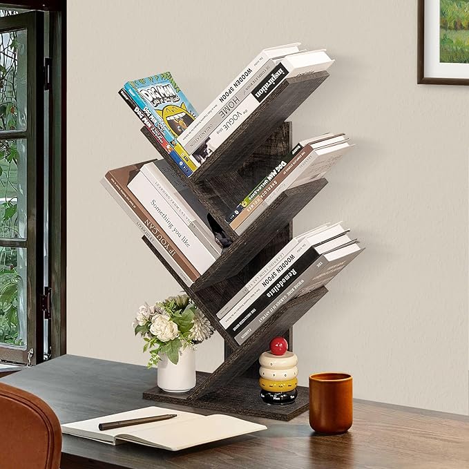 5 Tier Tree Book Shelf, Small Desktop Bookshelf with Storage Organizer, Wood Bookcase, Desk Display Bookshelves, Floor Standing Organizer Bookcases for Living Room,Bedroom,Office-Dark Grey - LeafyLoom