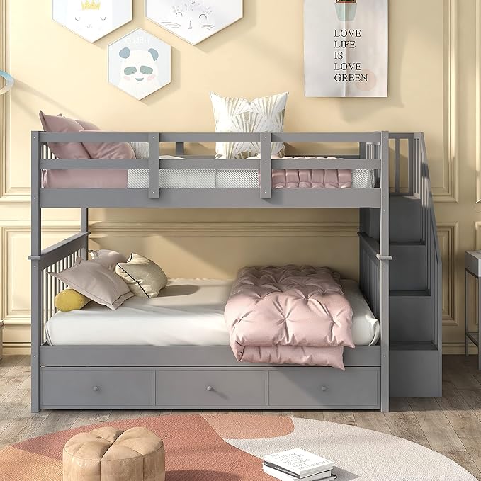 Full Over Full Bunk Bed with Stairs Storage and 3 Drawers, Wooden Stairway Bunkbeds, can be Divided into two Platform Bedframe, for Kids Teens Adults Bedroom, Gray - LeafyLoom