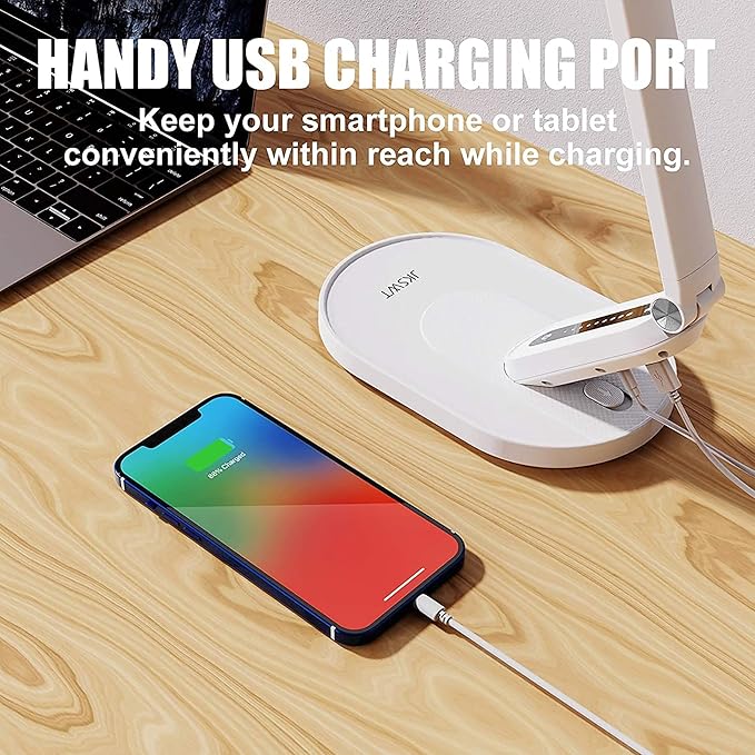 LED Desk Lamp for Reading, Eye-Caring Natural Light Protects Eyes Dimmable Office Table Lamps with 5 Color Modes USB Charging Port Touch Control and Memory Function,10W - LeafyLoom