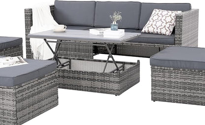 Modular Rattan Outdoor Sectional Furniture, Wicker Conversation Patio Sets with Plywood Coffee Table and Lounger Sofa for Backyard, Dc-Dark Gray - LeafyLoom