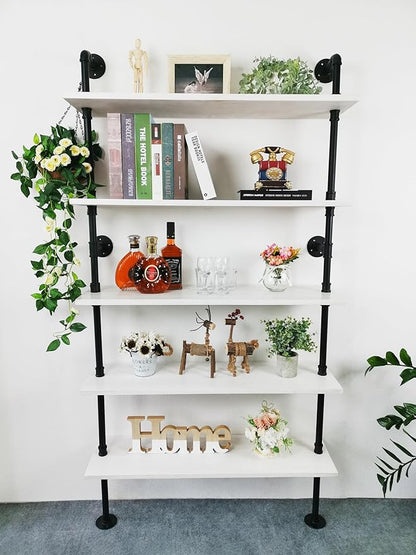 Ladder Pipe Shelves, Wall Mounted Industrial Shelves for Living Room Storage (White, 5 Tier - 10" D x 36" W x 70" H) - LeafyLoom