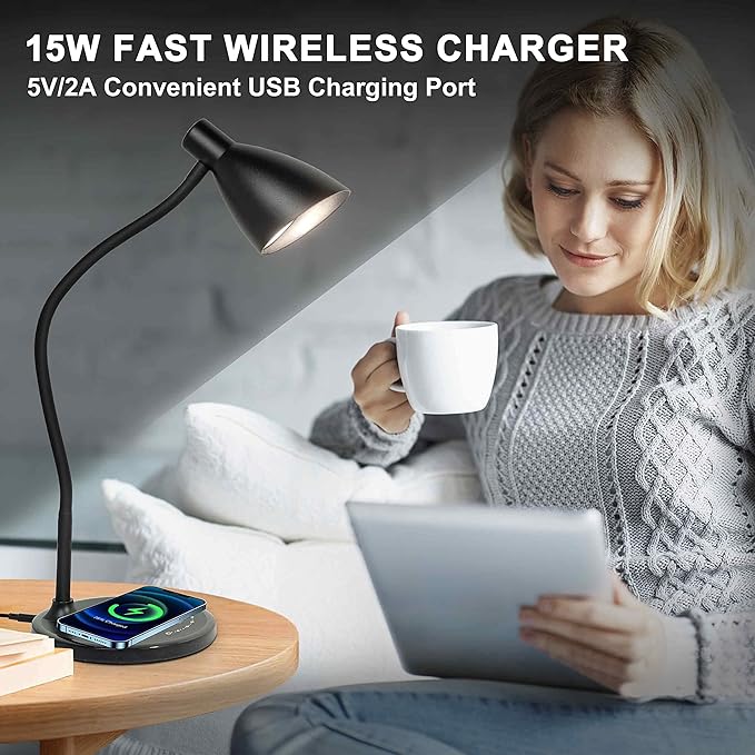 Desk Lamp with Wireless Charger, 12W 1000LM Touch Dimmable Reading Lamp with USB Charging Port, 5 Colors 6 Brightness Eye Care Bedside Table Lamp Gooseneck Desk Light for Home Office - LeafyLoom