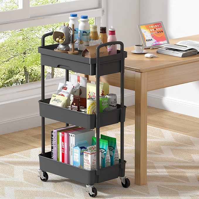 3-Tier Rolling Cart，Trolley with Drawer, Multifunctional Storage Organizer with Plastic Shelf & Metal Wheels, Kitchen Storage Cart for Living Room, Kitchen, Office, Bathroom, Black - LeafyLoom