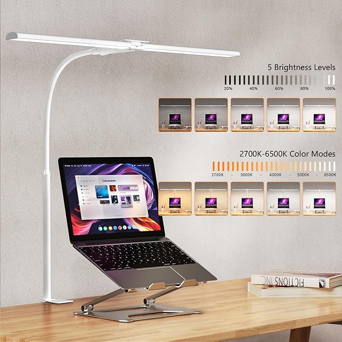 EppieBasic LED Desk lamp,Double Head Architect Desk Lamps for Home Office,Extra Bright Workbench Office Lighting,Eye Protection Modern Desk Light for Monitor Working Reading White 1200LM - LeafyLoom