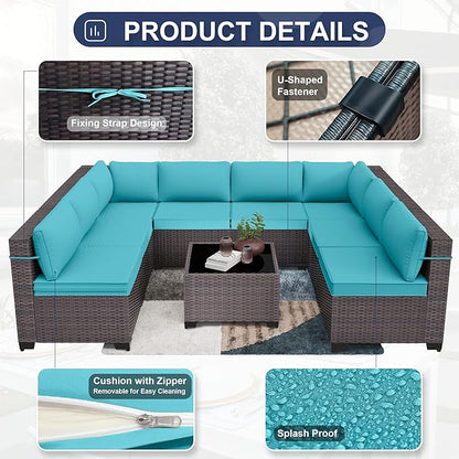 Patio Furniture Set 9-Pieces Outdoor Furniture for Backyard Wicker Sectional Sofa Set, Rattan Patio Conversation Set with Thickened Cushions and Glass Coffee Table, Turquoise - LeafyLoom