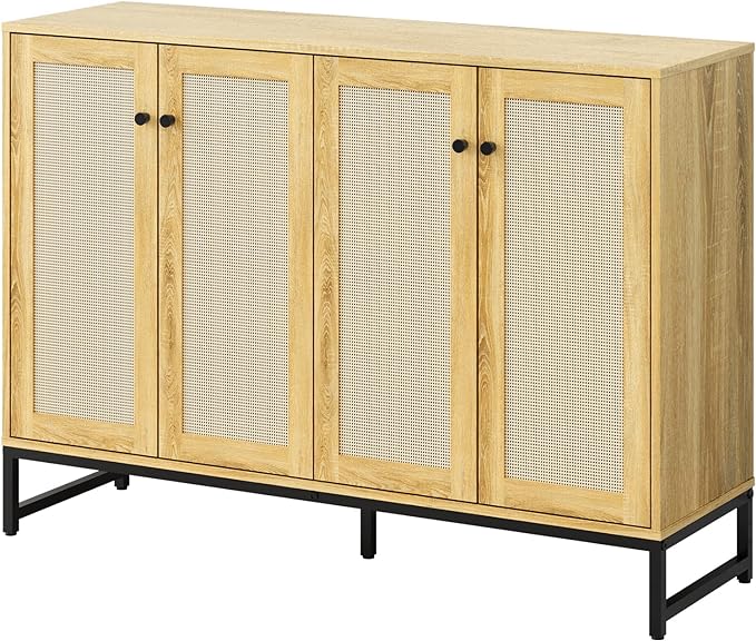 Storage Cabinet, Large Capacity Four-Door Rattan Sideboard with Adjustable Partitions, Metal Cabinet Legs, Modern Elegant Design Accent Cabinet Suitable for Home Office Bar Cafe (Natural Wood) - LeafyLoom