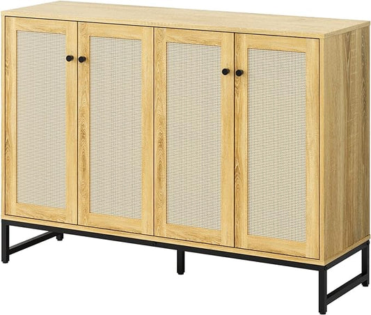 Storage Cabinet, Large Capacity Four-Door Rattan Sideboard with Adjustable Partitions, Metal Cabinet Legs, Modern Elegant Design Accent Cabinet Suitable for Home Office Bar Cafe (Natural Wood) - LeafyLoom